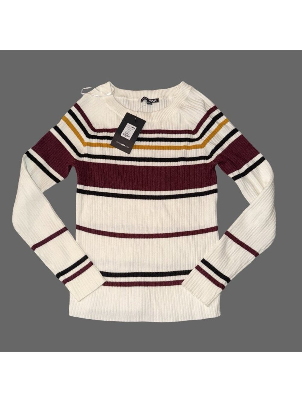 NWT Multi Stripe Ribbed Long Sleeve Top Fitted Academia Sweater Large Retro